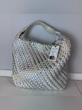NEW Moda Luxe Bag in a Bag Silver Ivory Ellery Hobo Shoulder Weave Purse Bag